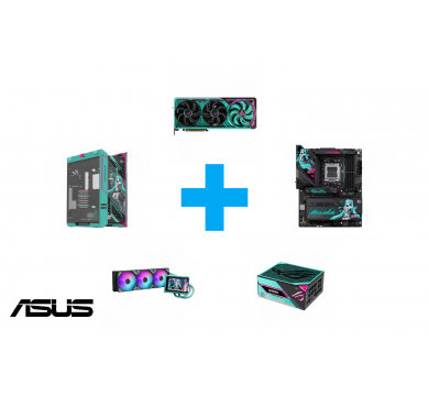 ASUS ROG ASTRAL RTX 5080 OC 16GB Hatsune Miku + ASUS ROG STRIX X870E-H GAMING Hatsune Miku Edition + ASUS ROG Thor 1200W Platinum III Hatsune Miku + ASUS ROG RYUO IV 360 ARGB Hatsune Miku + ASUS ROG Strix Helios II Hatsune Miku